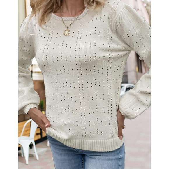 The Unbranded Brand Sweaters - Womens Square Neck Long Puff Sleeve Pointelle Sweater Cream Size Small Casual